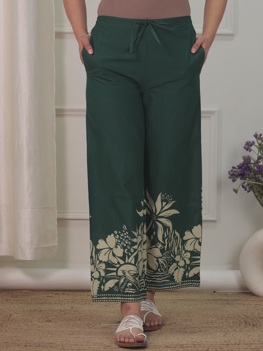 Soft Cotton Placement Print Green Palazzo