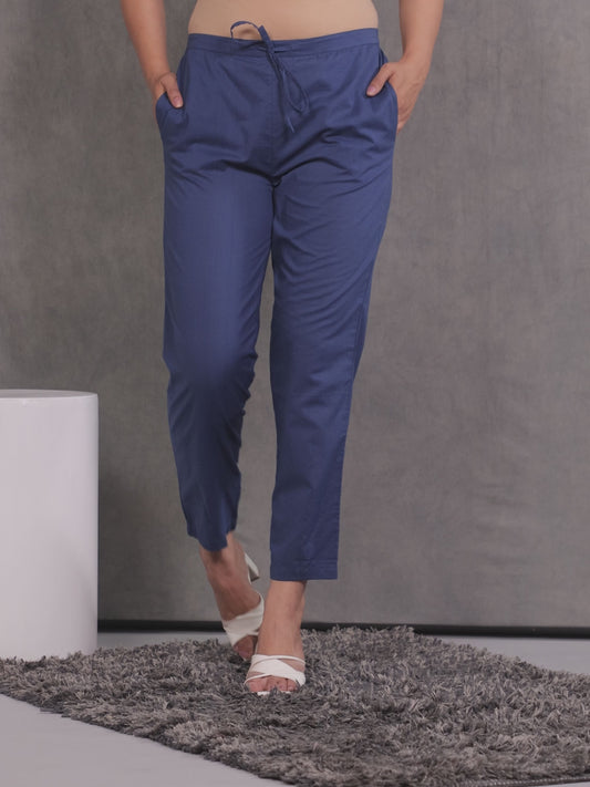 Soft Cotton Solid Blue Tapered Trousers