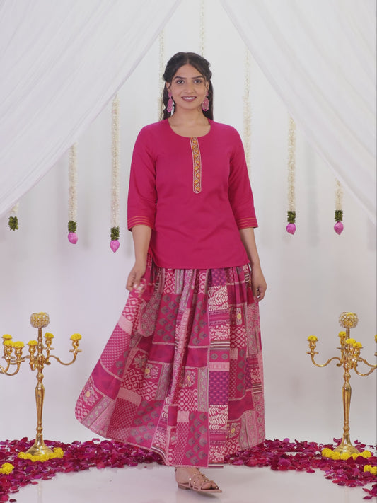 Embroidered Soft Cotton Solid Royal Pink Kurti