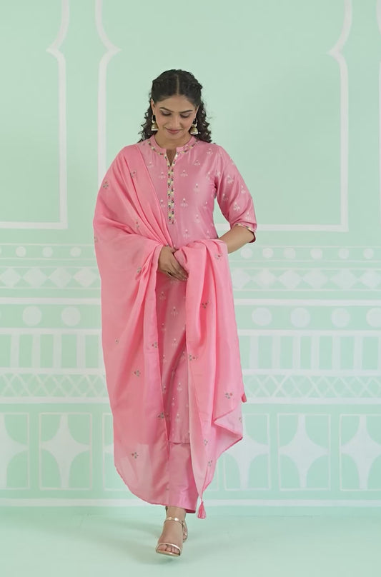 Embroidered Chanderi Gold foil Straight Pink Kurta