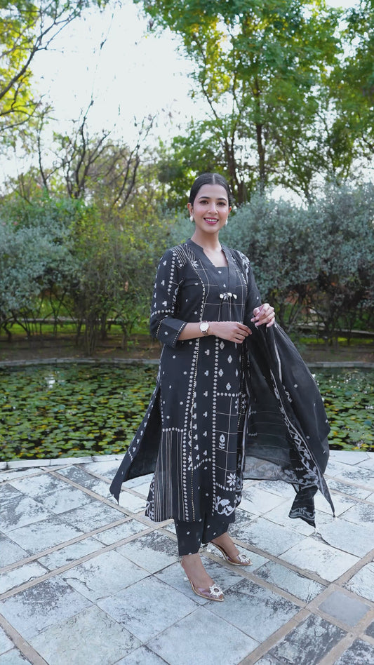 Soft Cotton Geometric Flared Black Kurta