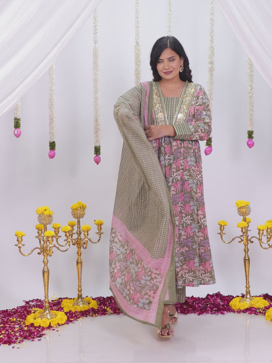 Embroidered Soft Cotton Floral Anarkali Green Kurta