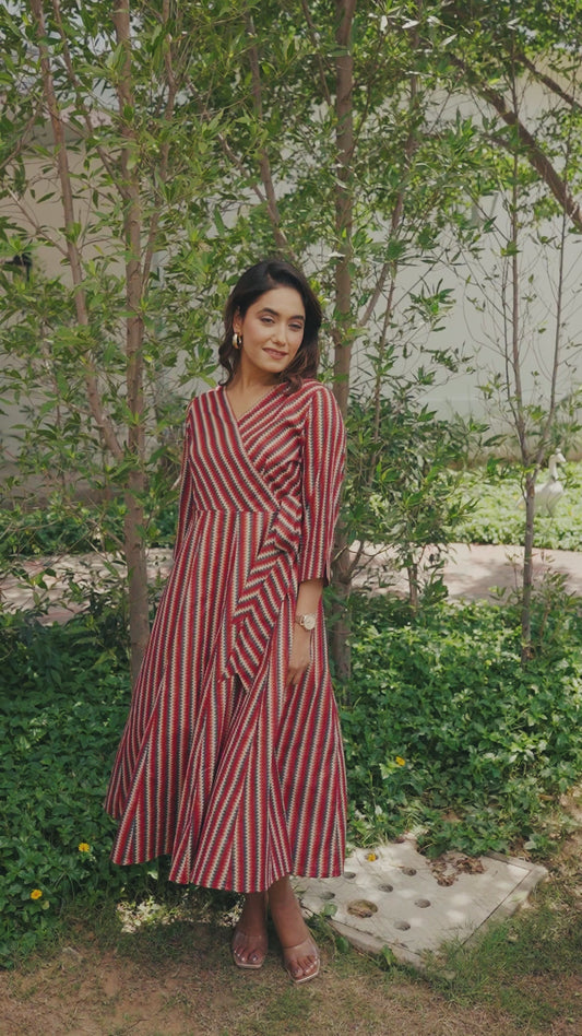Cotton Chevron Angrakha Red Dress