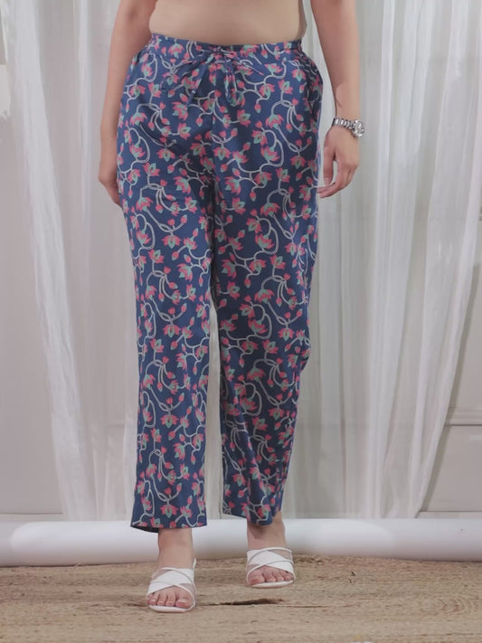 Soft Cotton Floral Teal Straight Straight Trousers