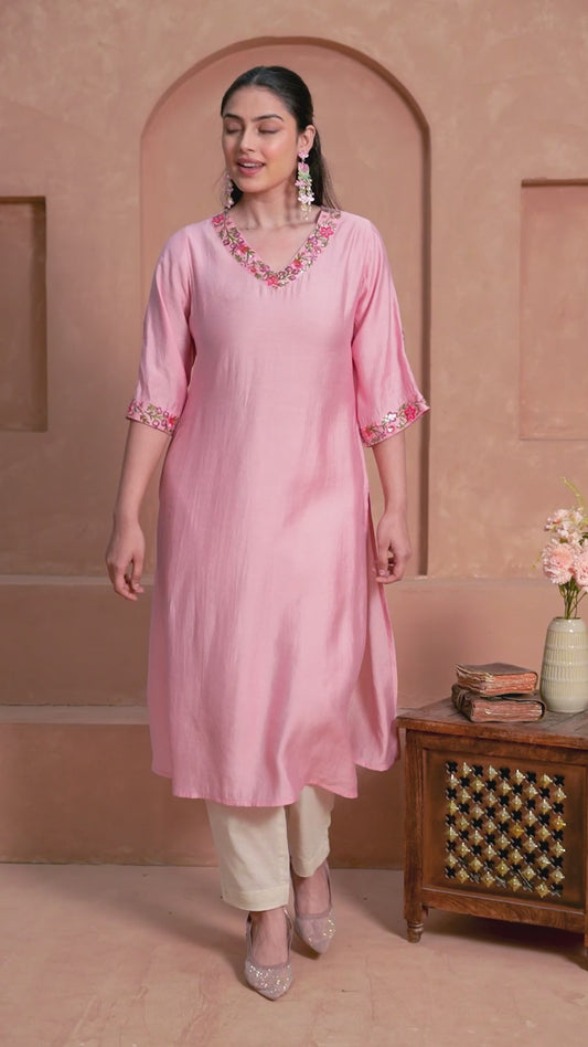 Embroidered Blended Silk Solid Straight Pink Kurta