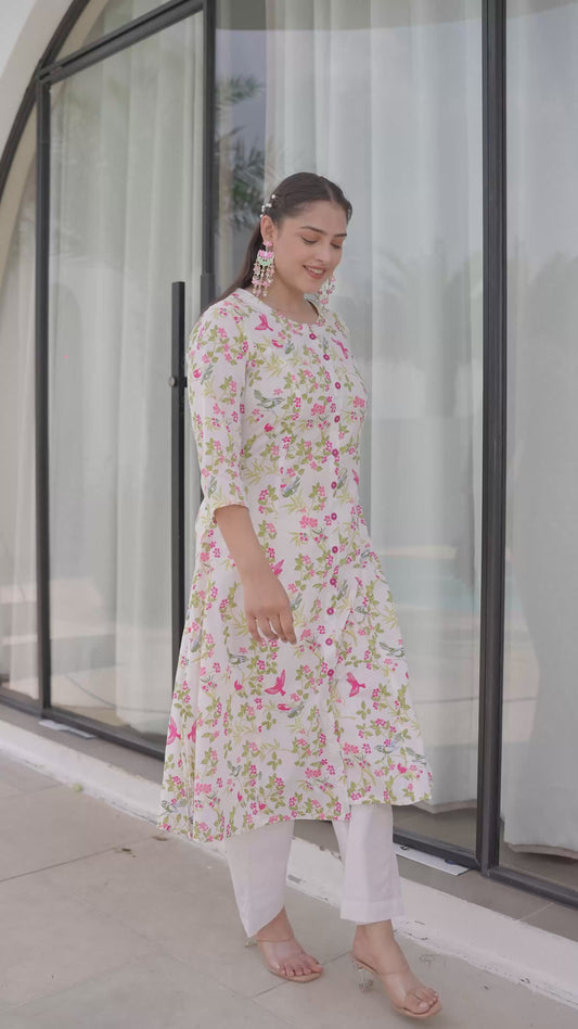 Soft Cotton Floral Flared Off White Kurta