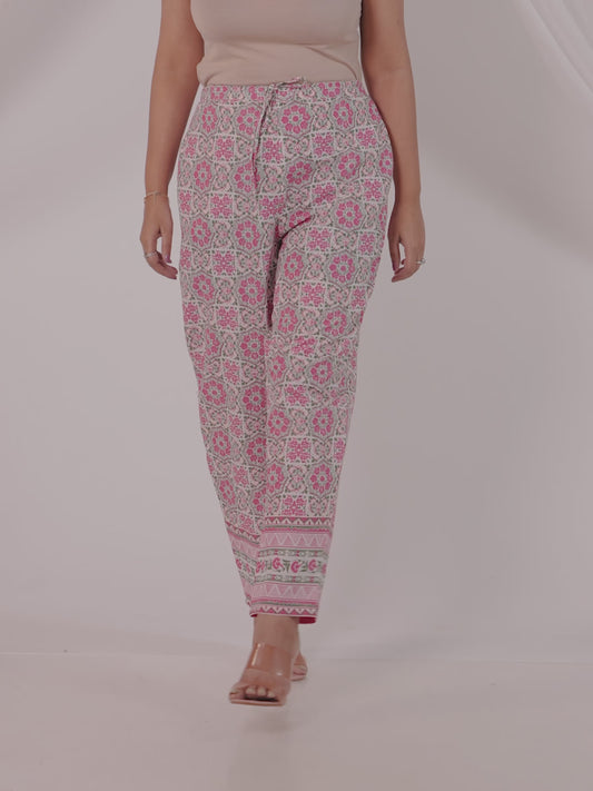 Soft Cotton Geometric White Tapered Trousers