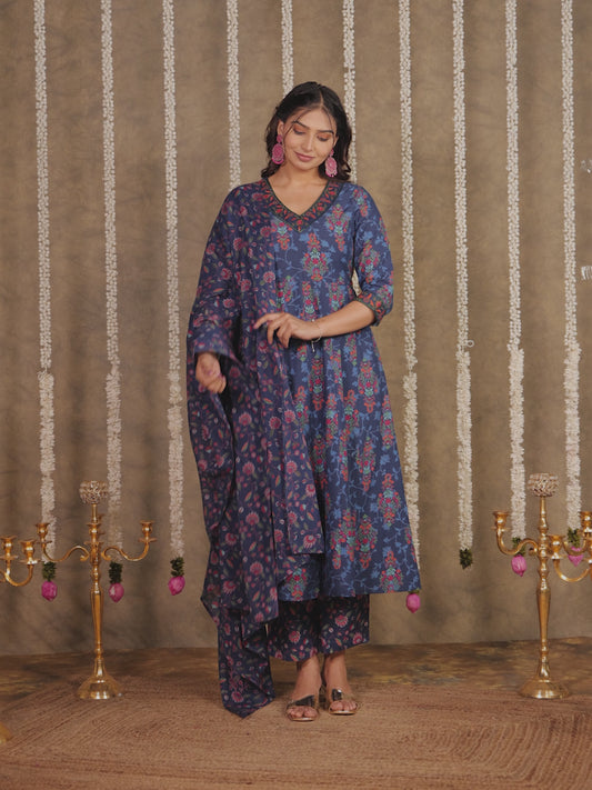 Embroidered Soft Cotton Floral Straight Blue Kurta