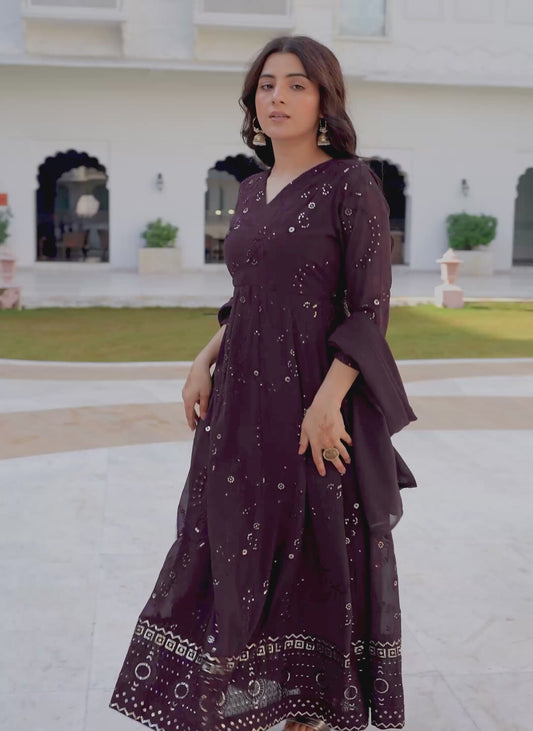 Embroidered Georgette Solid Purple Kurta