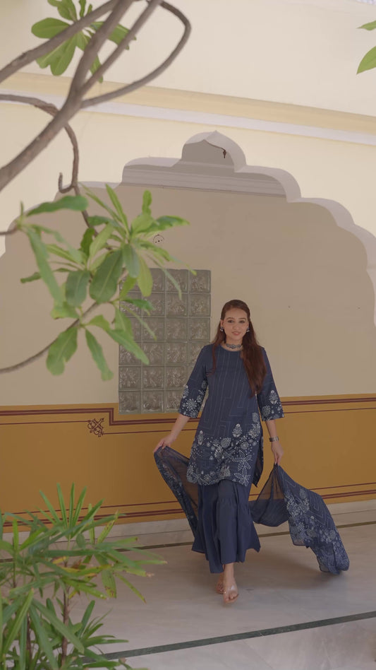 Embroidered Soft Cotton Placement Print Straight Blue Kurta