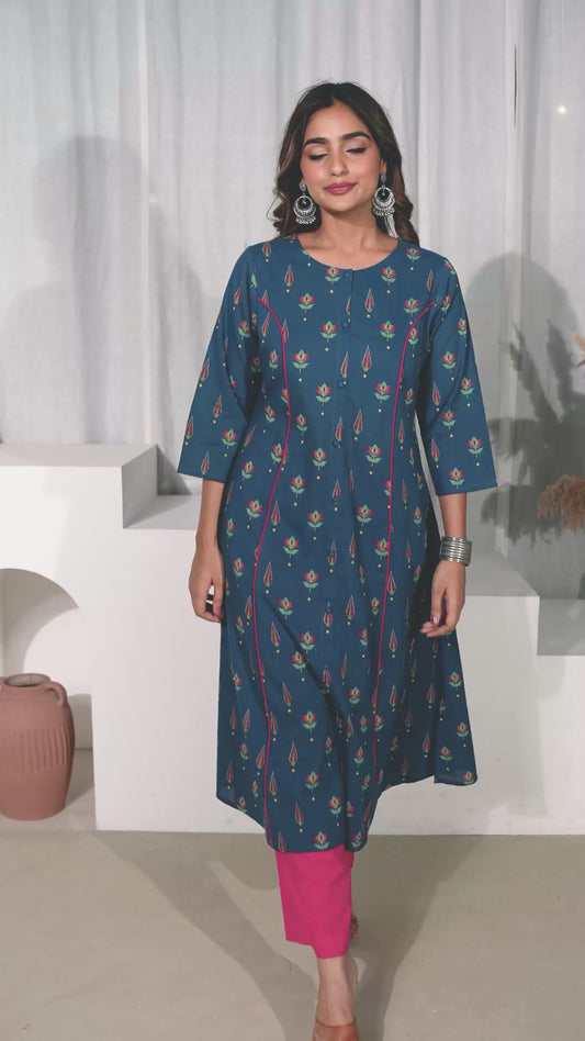 Soft Cotton Butti Flared Blue Kurta