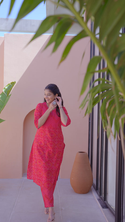 Soft Cotton Bandhani Straight Red Kurta