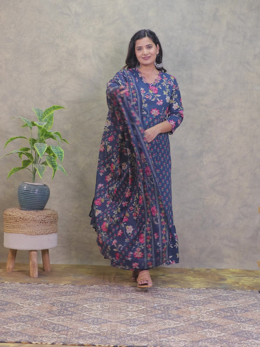 Embroidered Soft Cotton Floral Tiered Navy Blue Dress
