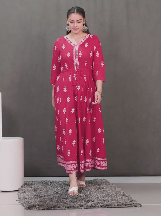 Soft Cotton Geometric Anarkali Red Dress