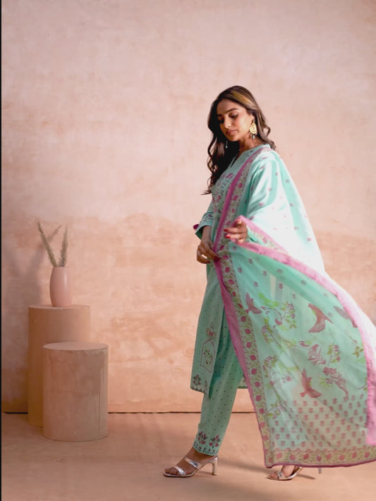 Soft Cotton Floral Straight Turquoise Kurta