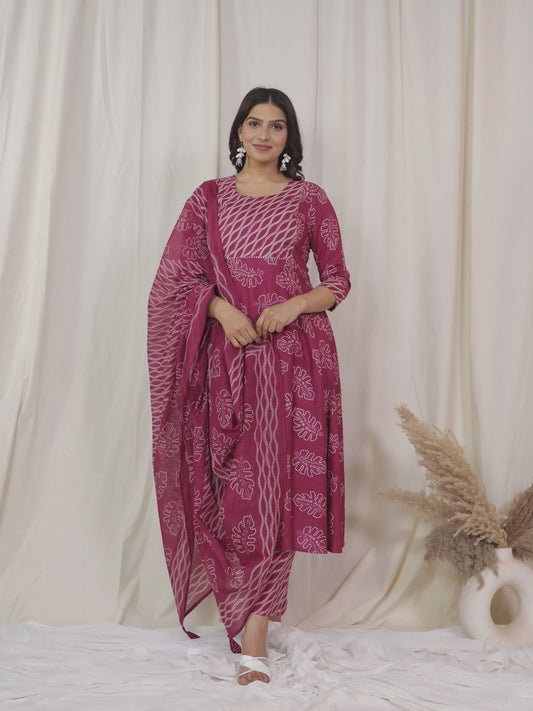 Soft Cotton Foliage Anarkali Pink Kurta