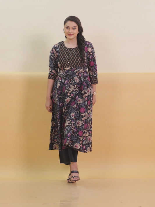 Embroidered Soft Cotton Floral Anarkali Purple Kurta