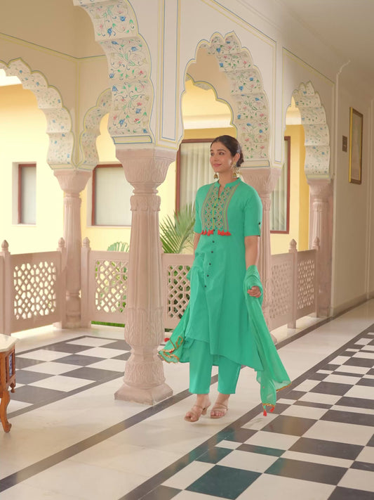 Embroidered Linen Cotton Solid High Low Mint Green Kurta