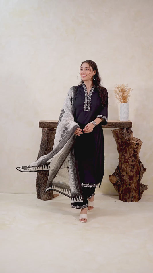 Embroidered Soft Cotton Solid A-line Black Kurta