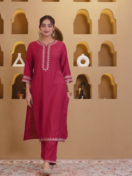 Embroidered Blended Silk Solid Straight Maroon Kurta