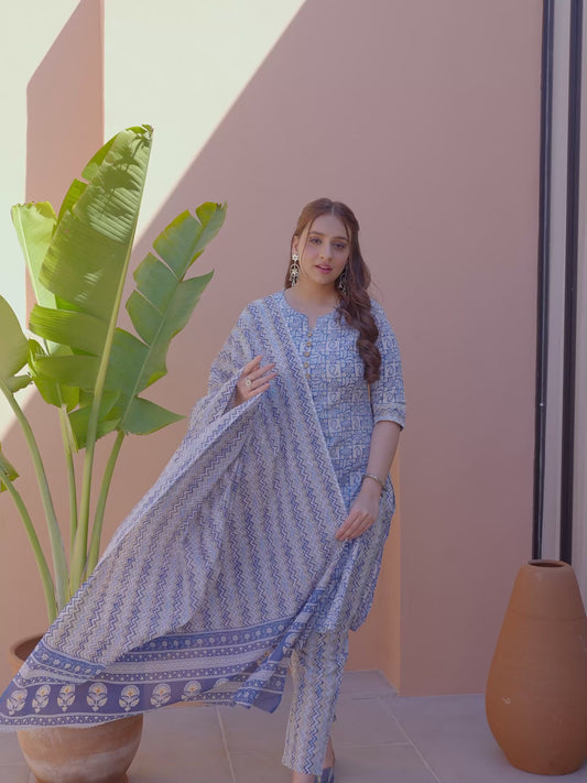 Soft Cotton Abstract A-line Blue Kurta