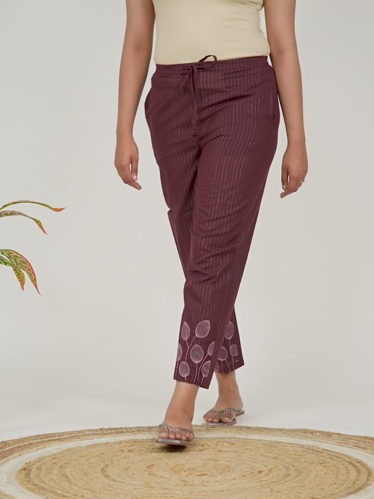 Embroidered Lurex Cotton Solid Purple Tapered Trousers