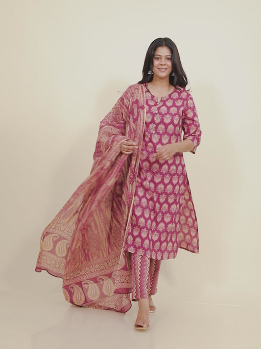 Soft Cotton Floral A-line Purple Kurta