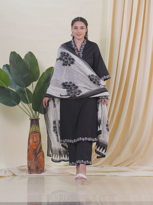 Embroidered Soft Cotton Solid A-line Black Kurta