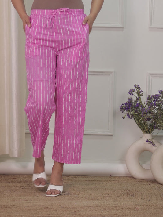 Soft Cotton Striped Pink Straight Trousers