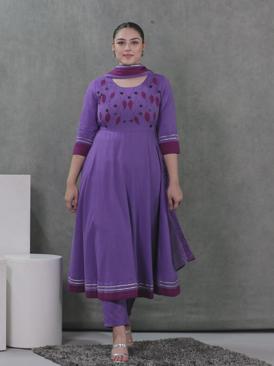 Embroidered Linen Cotton Solid Anarkali Purple Kurta