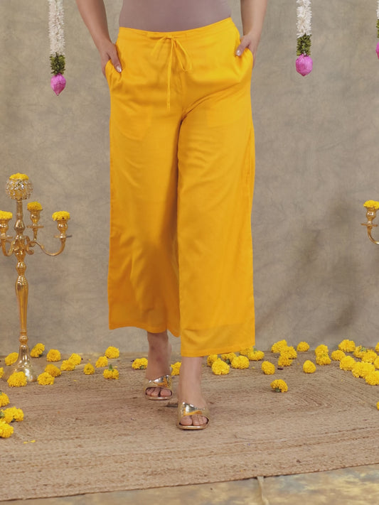 Cotton Voile Solid Yellow Straight Trousers