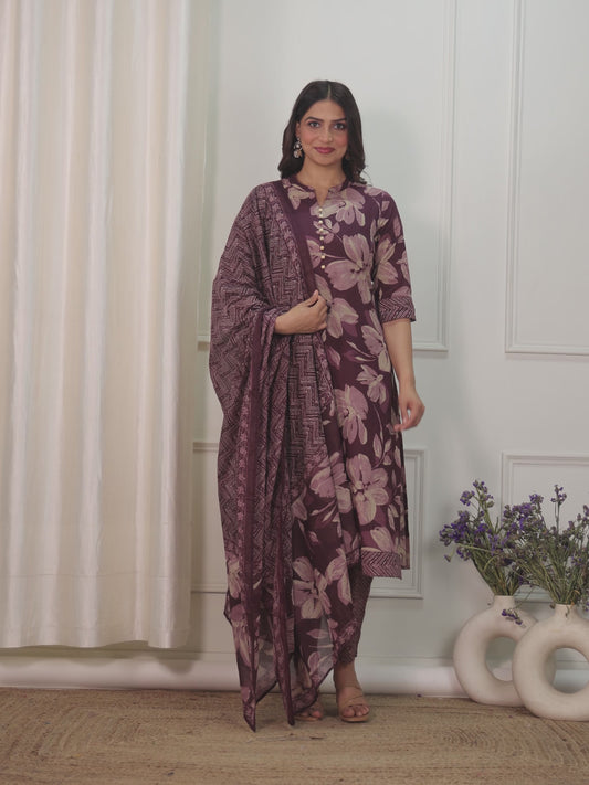 Soft Cotton Floral Straight Purple Kurta