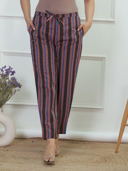 Soft Cotton Striped Black Tapered Trousers