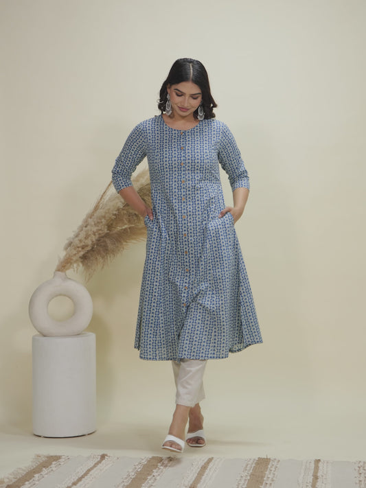 Soft Cotton Geometric A-line Blue Kurta