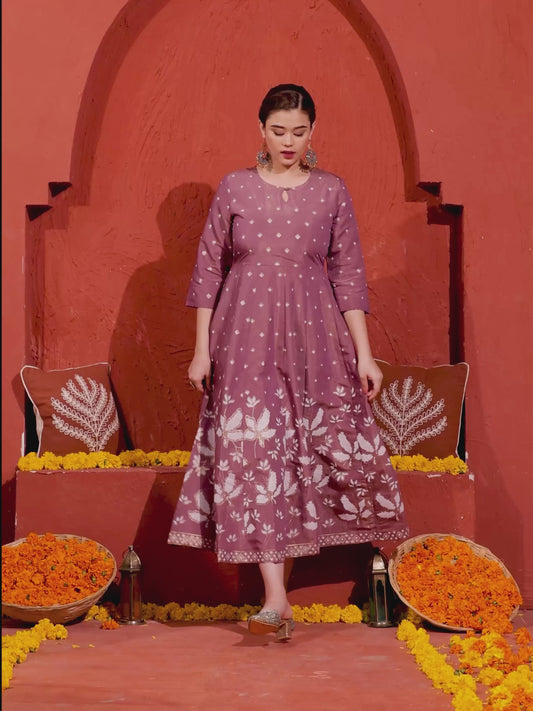 Tussar Silk Placement Print Anarkali Mauve Dress
