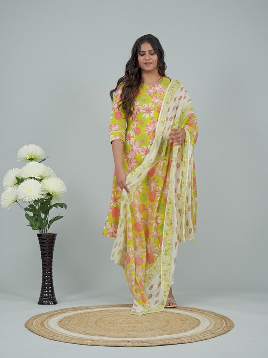 Soft Cotton Floral Flared Green Kurta