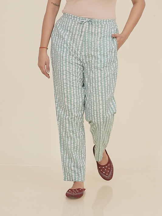 Soft Cotton Striped Green Tapered Trousers