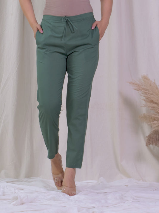 Soft Cotton Solid Green Tapered Trousers