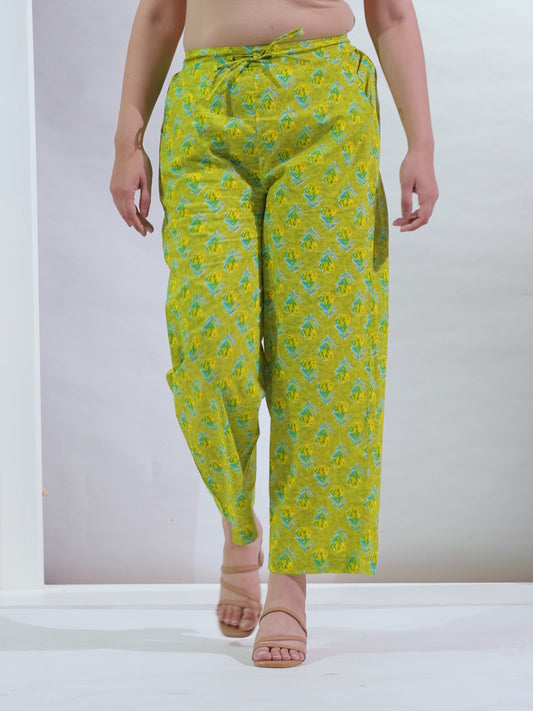 Soft Cotton Butti Green Straight Trousers