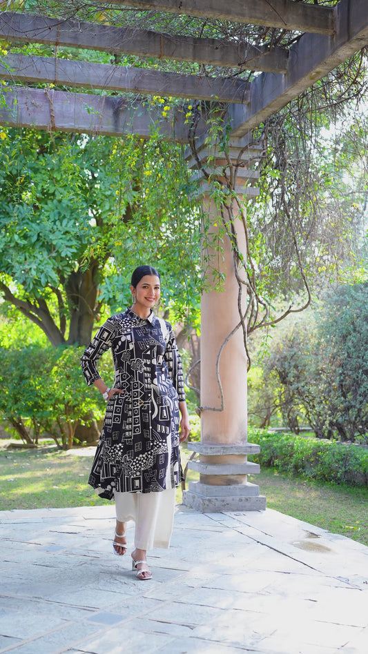Soft Cotton Geometric High Low Black Kurta