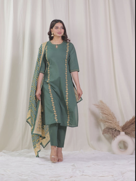 Embroidered Soft Cotton Solid Straight Green Kurta