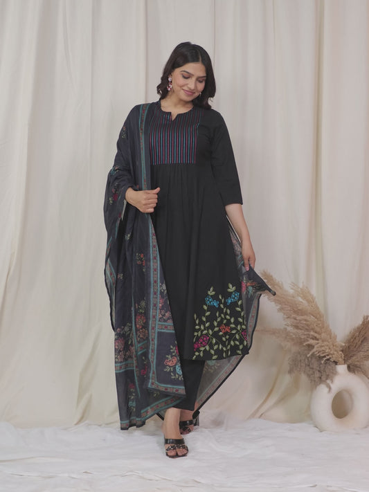 Embroidered Linen Cotton Solid Flared Black Kurta