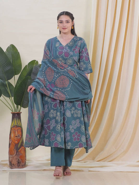 Soft Cotton Bandhani Angrakha Green Kurta