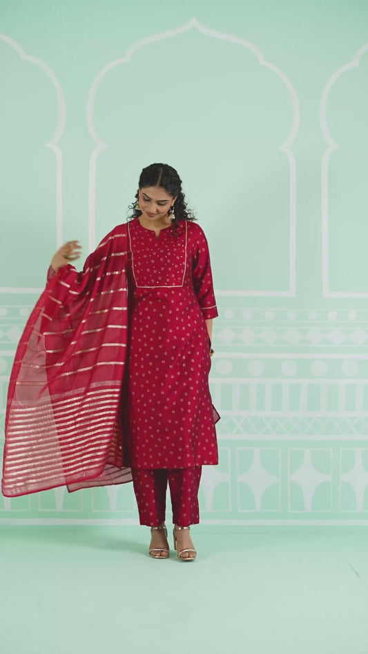 Chanderi Gold foil Straight Red Kurta
