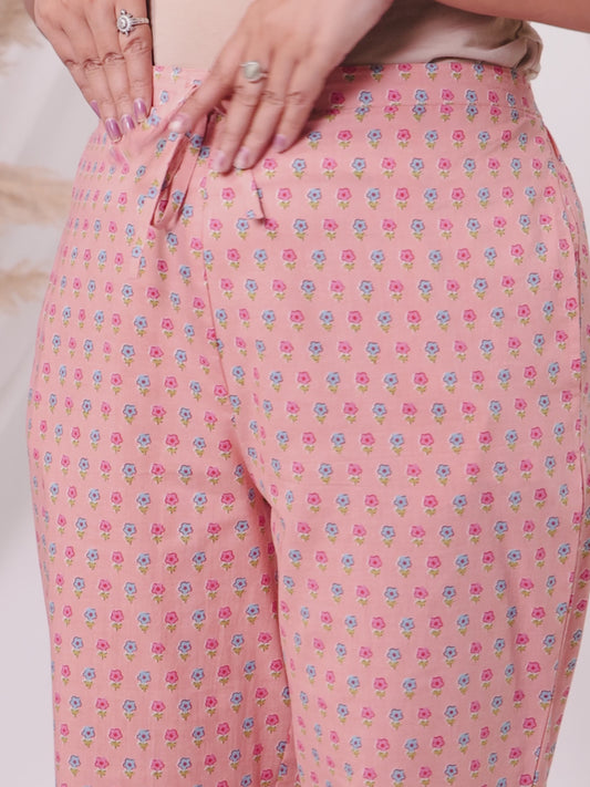 Soft Cotton Floral Peach Straight Tapered Trousers