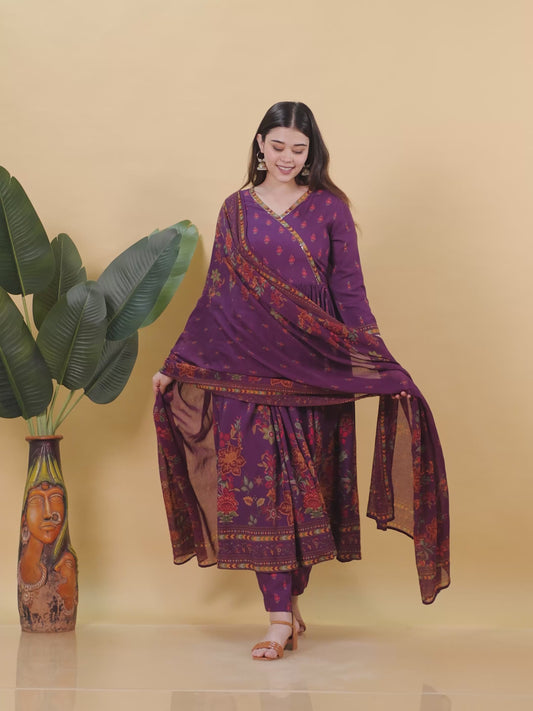 Embroidered Viscose Placement Print Angrakha Mauve Kurta