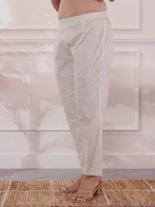 Linen Cotton Solid Off White Straight Trousers
