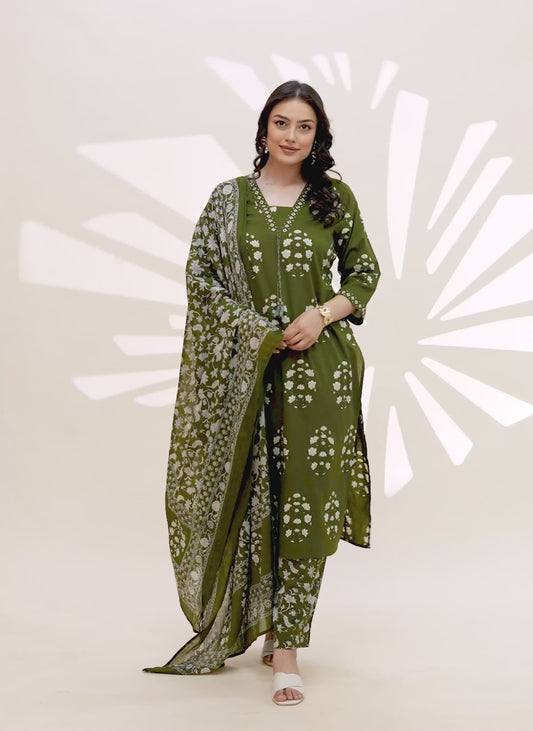 Soft cotton Butta Straight Military Green Kurta