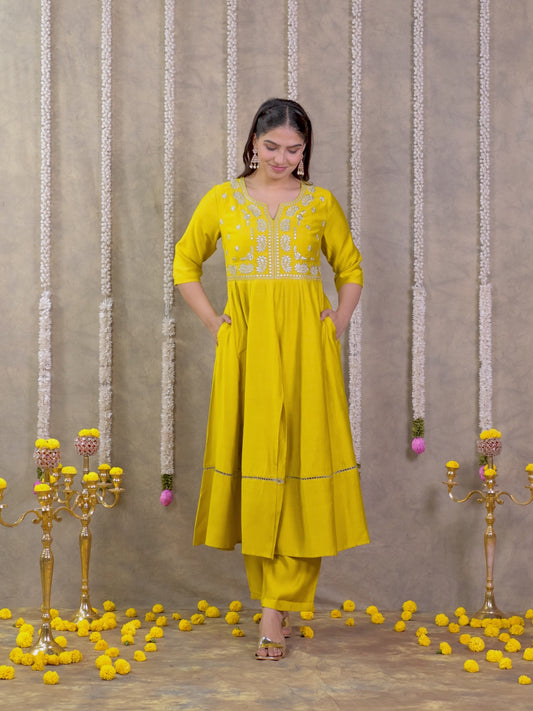 Embroidered Vertigan Solid Anarkali Lemon Yellow Kurta