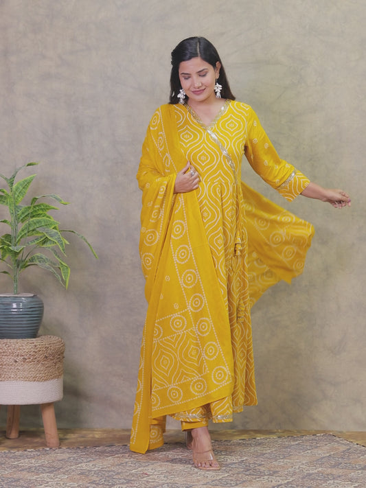 Embroidered Soft Cotton Bandhani Angrakha Yellow Kurta